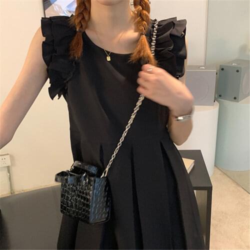 Kawaii Black Goth Dress Women Summer Light Dresses Lotus Leaf Sleeve Outfits Casual Loose Pleated Robe Fashion Workwear Fernan