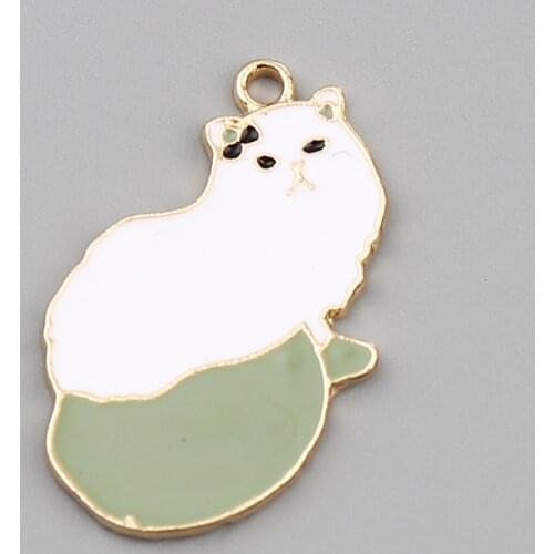 10PCs Zinc Based Alloy Charms Cat Animal Gold Color White & Green Enamel 26mm x 20mm