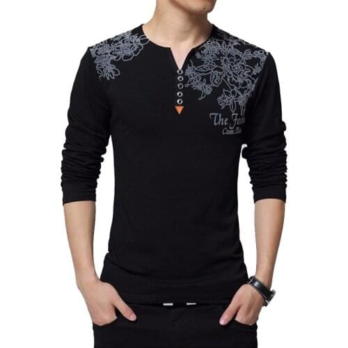 Drop shipping 2018 Autumn Fashion Floral Printed Long Sleeve Men T shirt Button Decorate T-shirt Men Tops Tees Plus Size 5XL