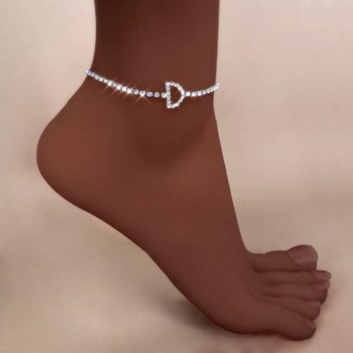 Silver Color Initial Letter A-Z Rhinestone Anklets For Women Shiny Crystal Tennis Chain Ankle Bracelet On Leg Barefoot Jewelry