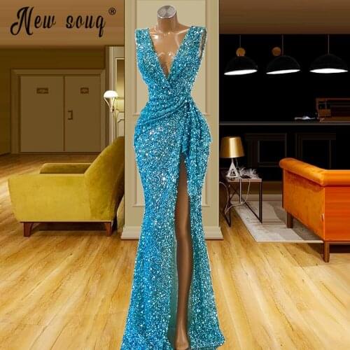 Blue High Split Side Evening Dress V Neck Sequins Party Dress Sexy Pageant Gowns Arabic Vestidos De Fiesta Mermaid Prom Dress