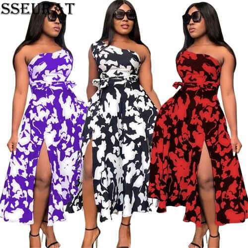 SSEURAT Women Long Dress Print One Shoulder Sleeveless Skew Collar Splited Maxi Dresses Vintage Vestidos Summer Outfits