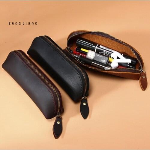 Genuine Leather pen bag female style art handmade pen bag male simple Crazy Horse skin glasses box multifunctional storage bag