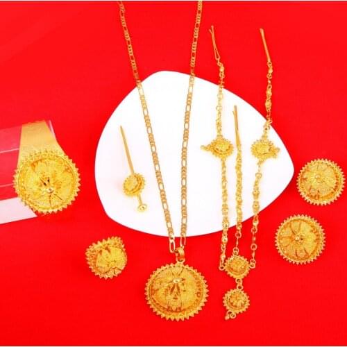 Big Size Jewelry Sets For Ethiopian Gold Color Women Jewelry Hair Chain Hair Stick Pendant Bangle Earrings Ring