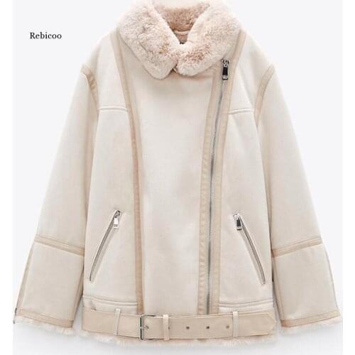 Winter Thick Warm Suede Lambswool Biker Jackets Coat Women Casual with Sashes Outwear Female Loose Double Sided Overcoats