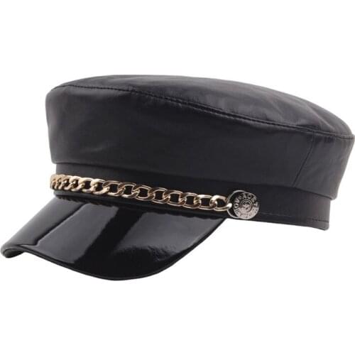 GothVintage Simple Women Black Military Hats Autumn Winter Fashion Wool PU Leather Chain Newsboy Caps With Belt Female Gorras