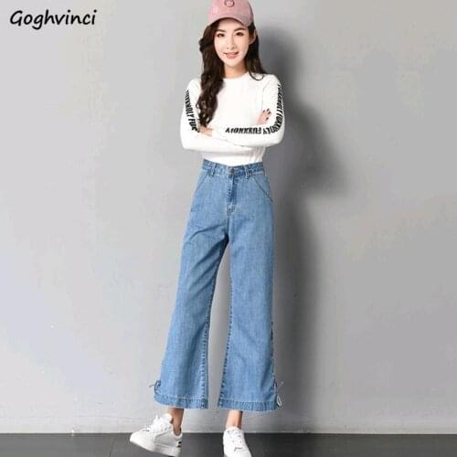 Women Jeans Wide Leg Ankle-length Denim Lace Up Side-slit Designer Lovely Fashion All-match Popular Leisure Chic Student Ladies