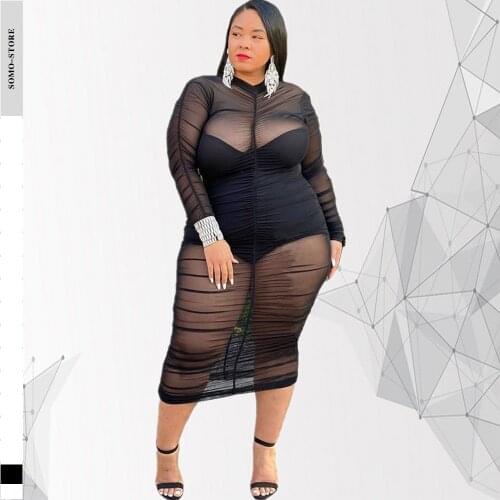 Plus Size Clothing Dresses for Women 2021 Long Sleeve Dress with Bodysuit Lining Sexy Mesh Bodycon Dress Wholesale Dropshipping