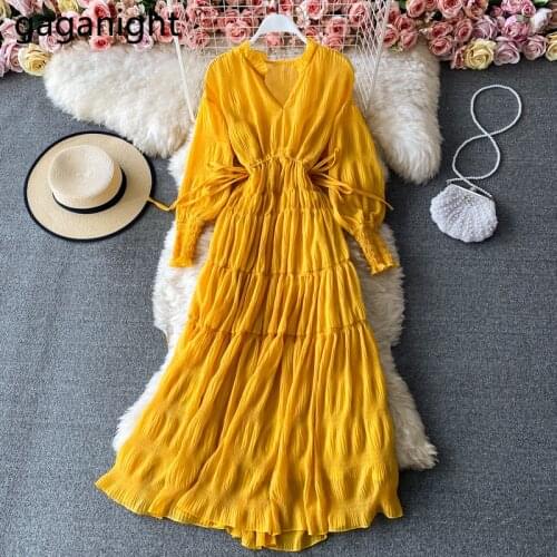 Gaganight Chiffon Women Long Beach Dress Long Sleeves A Line Lady Holiday Dresses for Woman Fold fashion Solid Bodycon Dresses