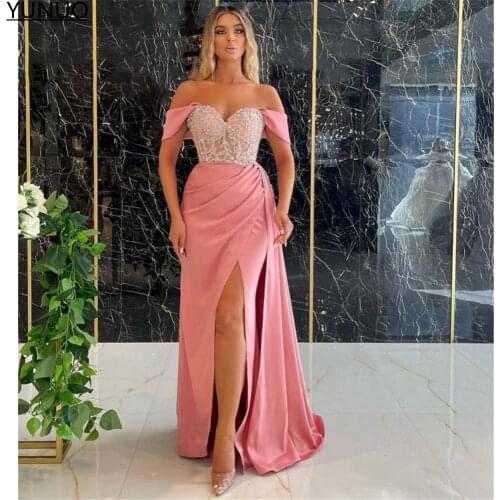 YUNUO Off the Shoulder Pink Formal Evening Gowns with Beading Side Slit robe de soirée de mariage Elegant Prom Dresses vestidos