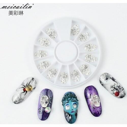 12psc New Silver Flat Back skull Nails Rhinestones 3D Halloween Nail Art Decorations Alloy DIY Charms Manicure Supplies In Wheel