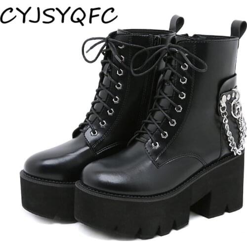CYJSYQFC Sexy Rivets Gothic Platform Boots Demonia For Women Lace Up Chunky Heels Ladies Shoes Autumn Thick Bottom Ankle Boots