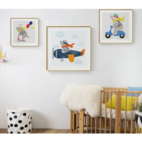 Bicycle Bear Cartoon Animal Scandinavian Living Room Decorative Painting Childrens Room Canvas Painting Wall Art Oil Poster
