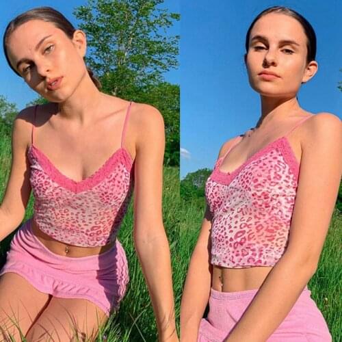 Pink Leopard Print Sexy Spaghetti Strap Top Women Summer Backless Lace Cami Tops Ladies Sweat Cute Crop Tees