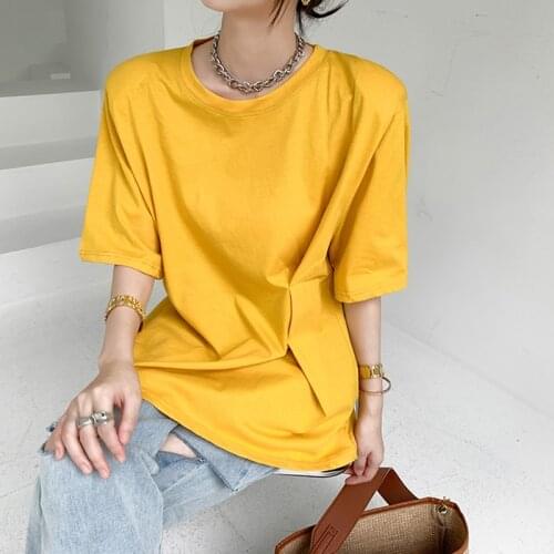 Harteen Long T shirt Women Summer Short Sleeve Soild Shoulder Pads Cotton Loose England Style T-shirt Woman Tee Shirt Femme Tops