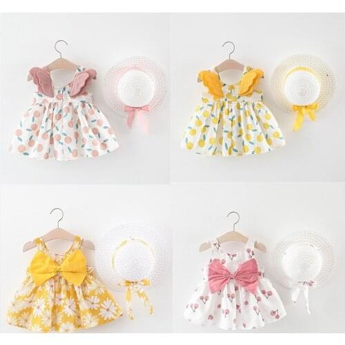 Summer Baby Girls Dresses 2pcs Clothes Sets Sleeveless Thin Section Print Princess Dress Send Hat Kids Birthday Party Clothes