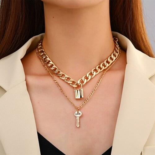 Fashionable Lock and Key Double-layer Necklace for Women Gold and Silver Color Love Retro Punk Thick Chain Clavicle Chain