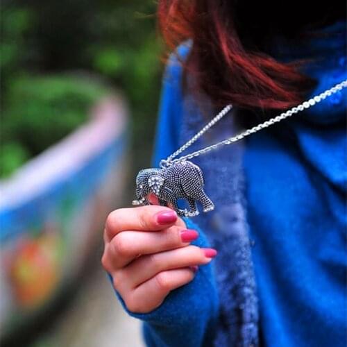 Fashion New Korean Female Retro Crystal Carved Elephant Long Necklace Specials @ Small Jewelry Wholesale