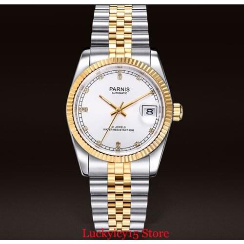 PARNIS 21 Jewels MIYOTA 8215 Automatic Mens Watch Gold Plated 36mm Wristwatch Stainless Steel Bracelet Date Jubilee Strap