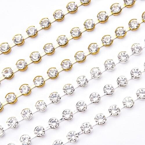 Don't Hook Clothes 5 Meters Rhinestone Trim SS12-SS28 Round Glass Crystal Chain Sewing Wedding Dress Decorative Silver/Gold Base
