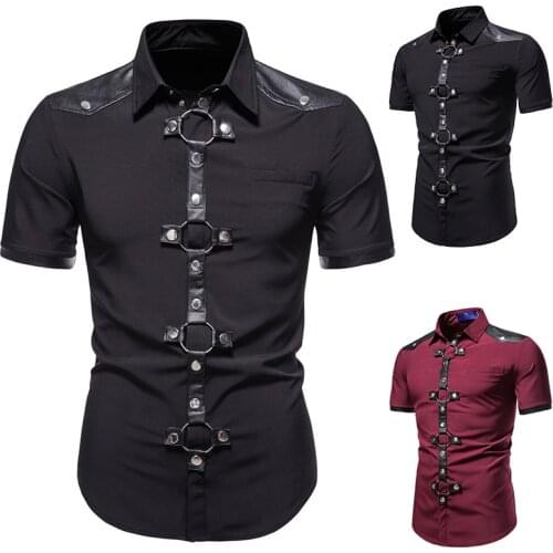 Summer Mens Personality Long Sleeve Shirts Goth Style Rivet Cargo Shirt Slim Fit Party Singer Stage Streetwear Men Clothing