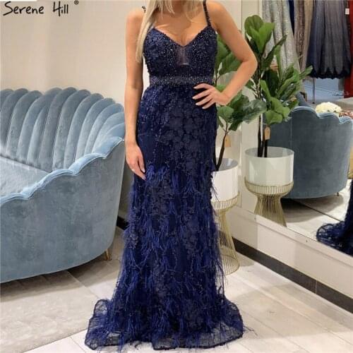 Blue Handmade Flower Pearl Feathers Prom Dresses 2020 Sleeveless Luxury Mermaid Prom Gowns Real Photo BLA60964