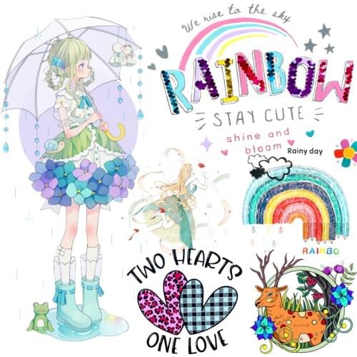 DIY Heat Transfer Patches Rainbow Girl Printing Patches On Clothes Flowers Deer Stickers On T-shirt Dresses Jeans Accessories