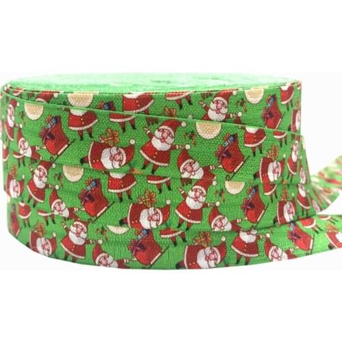 Christmas presents and Santa Claus Fold Over Elastic Green 5/8"FOE Ribbon For Elastic Hair Band Hair Accessory wholesale