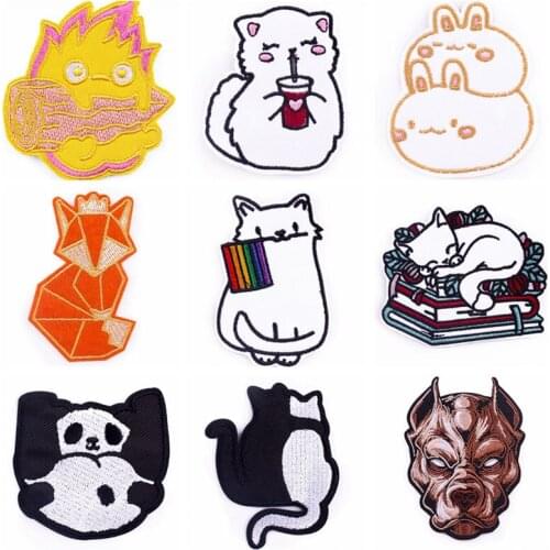Cat Dog Animal Embroidered Patches For Clothing Stripes Iron On Patches Cartoon Cute Panda Fox Stickers Badge Appilque Patch DIY