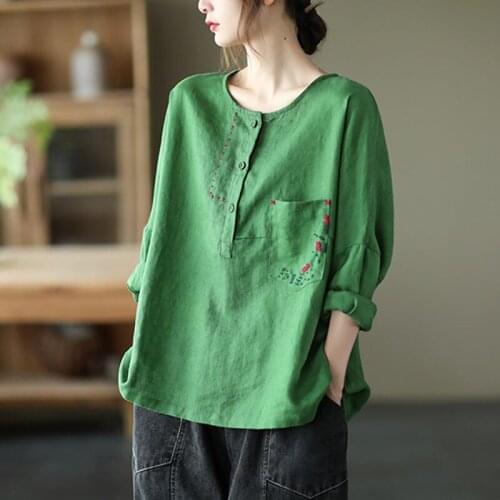 QPFJQD Ladies Linen Retro Embroidery Loose T-shirts Long Sleeve Solid Color Women Spring Autumn Casual Pocket Shirts O-Neck