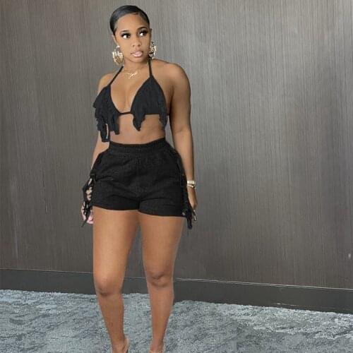 Sexy Ruffle Design 2pcs Set For Women 2021 Summmer V Neck Halter Crop Top And Casual Biker Shorts Comfortable Nightclub Outfits