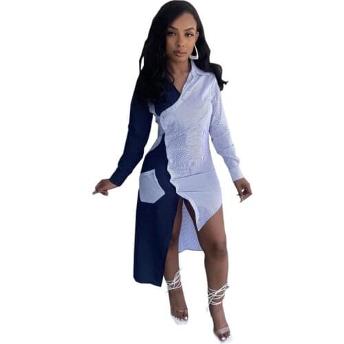 Women Striped Patchwork With Pockets Irregular Shirt Dress 2021 Autumn Fashion New Long Sleeve Streetwear Long Blouse Dress Robe