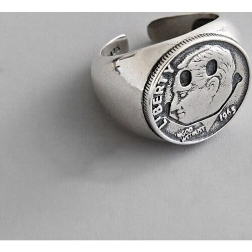 Retro Chunky Portrait Round Letter Signet Adjustable 925 Sterling Silver Rings For Women Vintage Dainty Creative Jewelry Gift