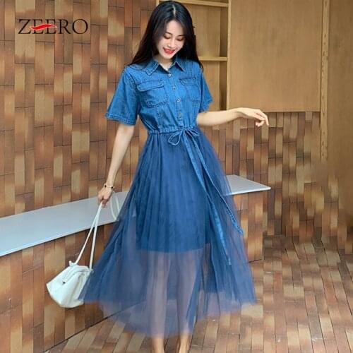 Women Summer Lace Up Patchwork Mesh Dinim Pleated Midi Dresses Elegant Female Fake Two Piece Dress Casual shirt Dresses Vestidos