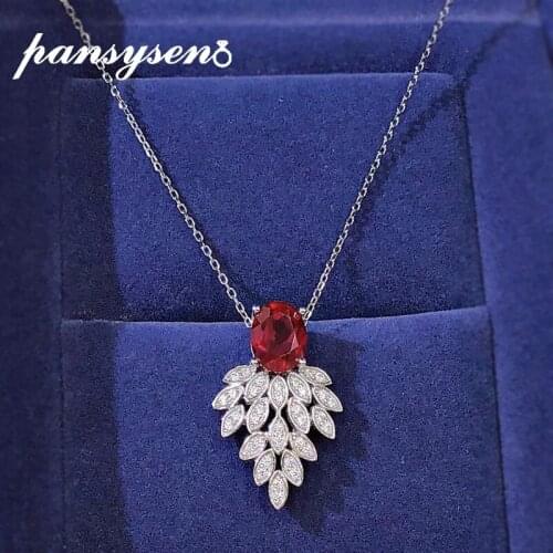 PANSYSEN 100% 925 Sterling Silver 7X9mm Oval Ruby High Carbon Diamond Pendant Necklaces for Women Luxury Wedding Fine Jewelry