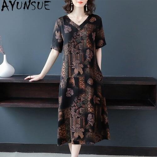 AYUNSUE High Quality Woman Dress Summer Silk Vintage Short Sleeve Dress Plus Size Dresses for Women 4xl 5xl 6xl Vestido De Mujer