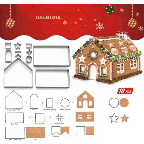 10 Piece Set Christmas Cookie Cutter Gingerbread House Mold 3D Biscuit Mould Fondant Cake Decoration Baking Tools