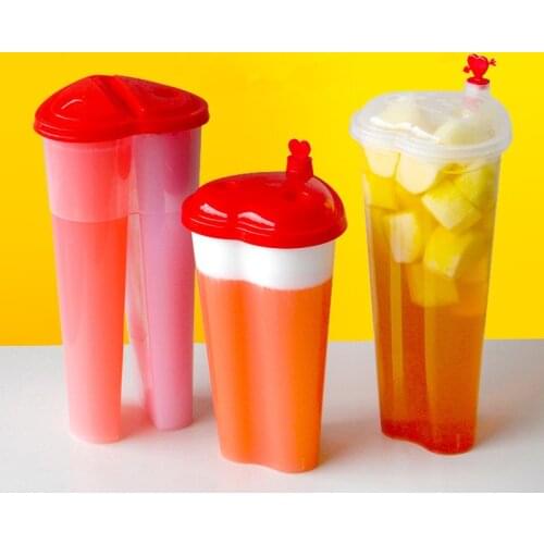50pcs High quality heart shape double share cup 500ml 700ml 800ml creative transparent disposable tea cup with love lid