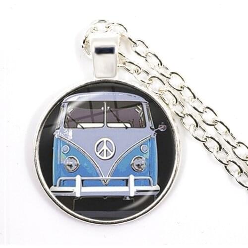 Hippie Bus Peace Sign Jewelry Vintage Blue Hippy Bus Photo Pendant Blue Hippy Van Bus Photo Necklace Purse Bag Car