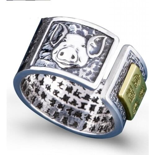 BOCAI s999 sterling silver ring for men and women 2020 new fashion 12 Chinese Zodiac retro Pure Silver Heart Sutra opening Ring