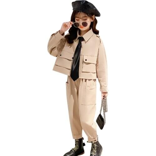 Children Cargo Clothes Solid Color Tracksuits For Girls Jacket + Pants Costumes For Girls Teenage Childrens Sports Suit