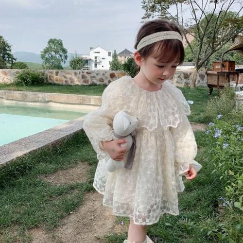 Childrens dress 2021 autumn new girls sweet lace dress childrens Lapel Long Sleeve Dress kids clothes