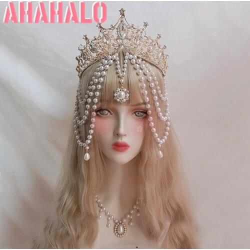 Gothic Lolita Sun Goddess Multilayer Pearl Tassels KC Crown Headpiece Gorgeous Wedding Princess Bride Headdress Hair Accessories