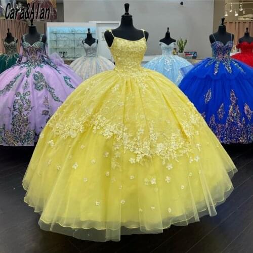 Cara&Alan Yellow Quinceanera Dresses with Floral Applique Sweet 16 Dress 2021 vestidos de XV años Prom Gowns