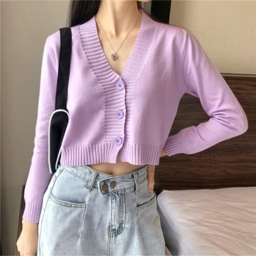 Crop Sweater Tops Girls V-neck Autumer Knitted Cardigans Womens Soft Full Sleeve Simple Solid Sweaters Outerwear
