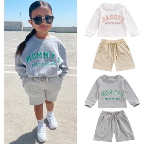 1-6Y Autumn Kids Girls Clothes Sets 2pcs Letter Printed Long Sleeve Sweatshirt Tops Elastic Solid Shorts