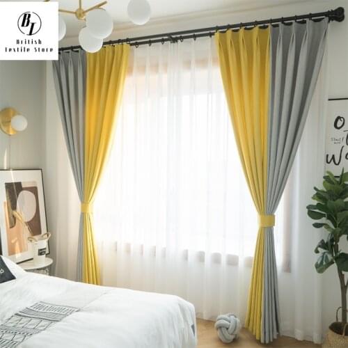 Meteor Hemp Nordic Simple Modern Contrast Color Curtain Gray Yellow Stitching Curtain Bedroom Living Room Floor Curtain