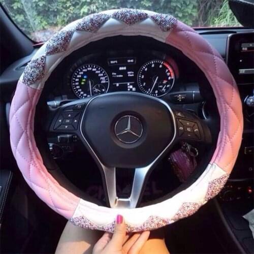 Fashion Shiny Rhinestone Diamond Car Steering Wheel Covers Lady Pink Universal Cute Anti-slip Steering Cover Bling