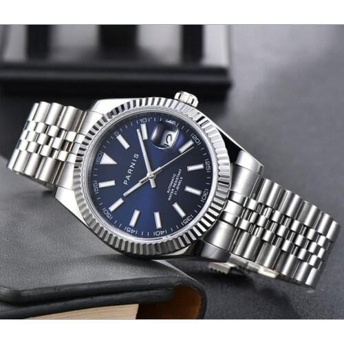 PARNIS 40mm blue dial 21 jewels Automatic Self-Wind mechanical movement mens watch sapphire glass Mechanical watches GR116