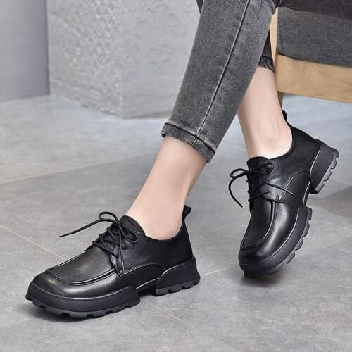 2021 Spring New Platform Single Shoes Leather British Retro Style Thick-soled Big-toed Leather Shoes Cowhide Lace-up Shoes